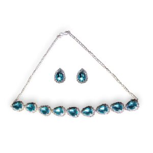 accessher silver toned american diamond choker necklace set with colored teardrop stones, jewellery set for women, ad studded combo